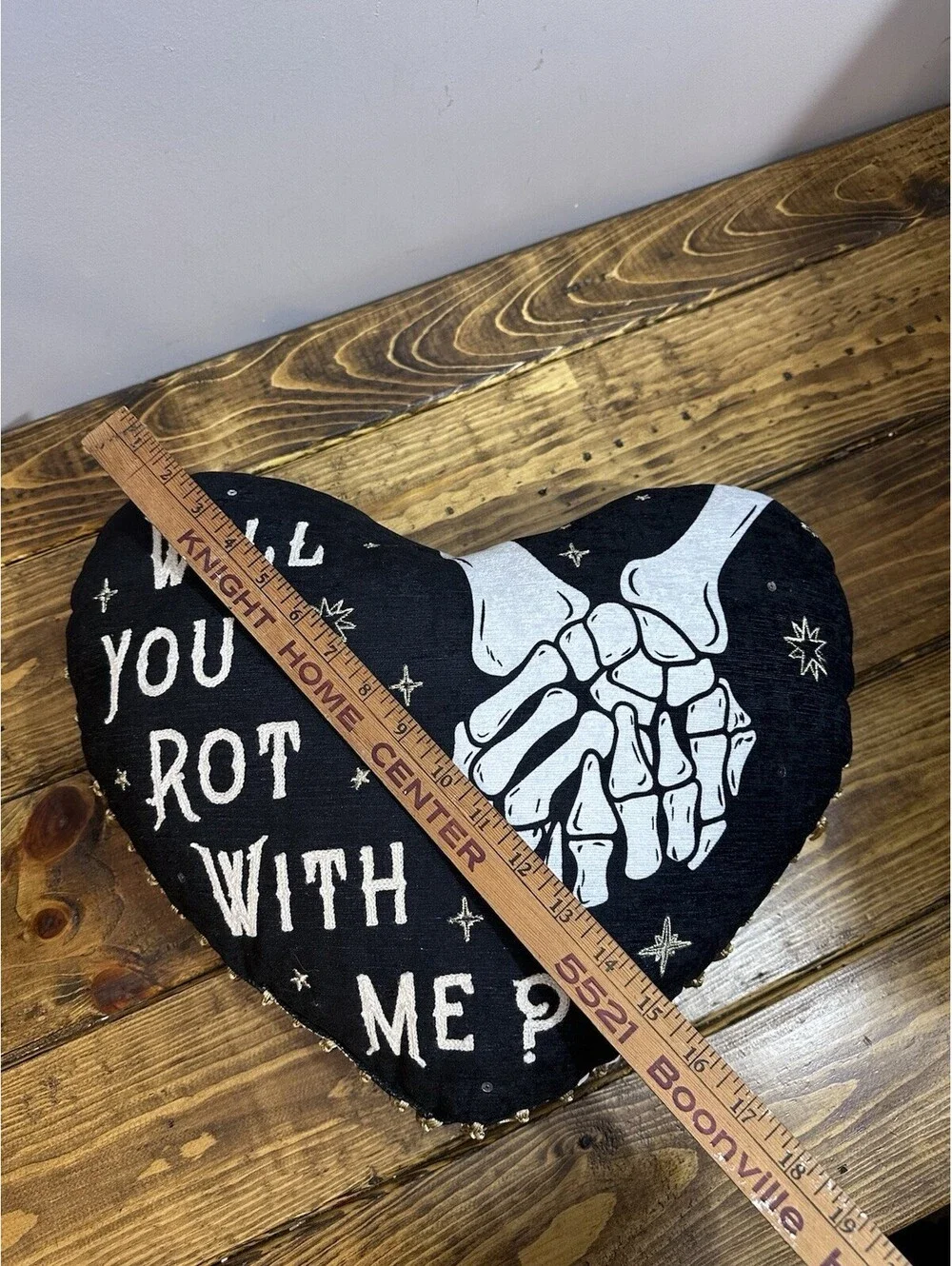 Black Heart Pillow “Will You Rot With Me?” Skeleton Hands Goth Emo Fringe Decor